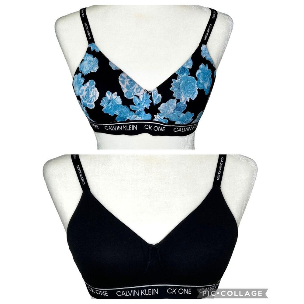Calvin Klein CK One Bundle of 2 Black Blue Floral Adjustable Straps Bra Small